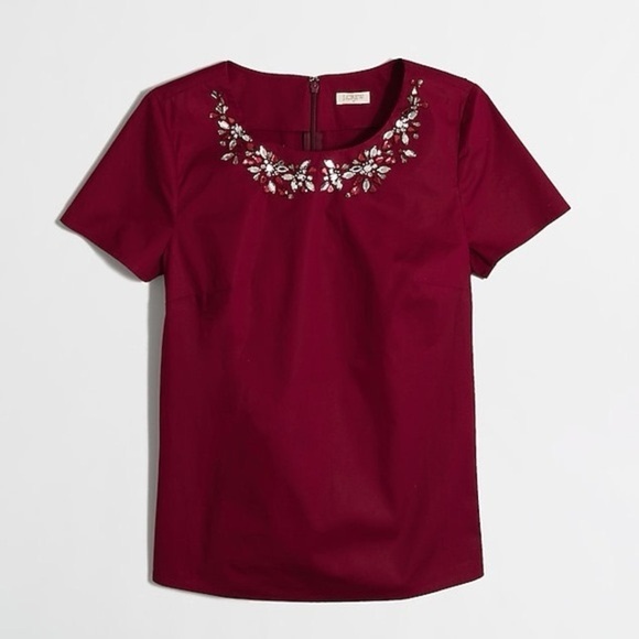 J. Crew Tops - J. Crew Burgundy Red Jeweled Neckline Short Sleeve Blouse Top - Size 4